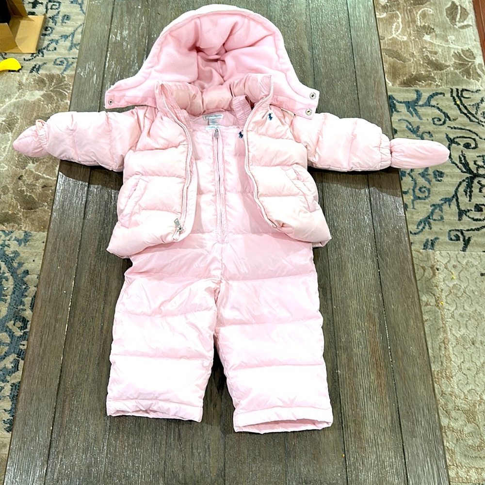 Gently worn Ralph Lauren baby girl snowsuit Sz. 9 months.